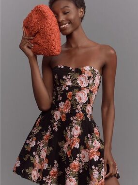 Maeve Black Floral Strapless Mini Dress with Pink & Orange Roses